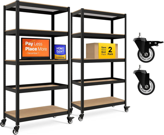 HOMEDANT House 5-Tier Metal Rolling Cart Shelf Rack Casters Heavy Duty Laminated Wheel Shelving Unit Adjustable Utility Storage Shelves Organizer Shelf Kitchen Garage 36.2" W x 16.5" D x 69.5" H 2Pack