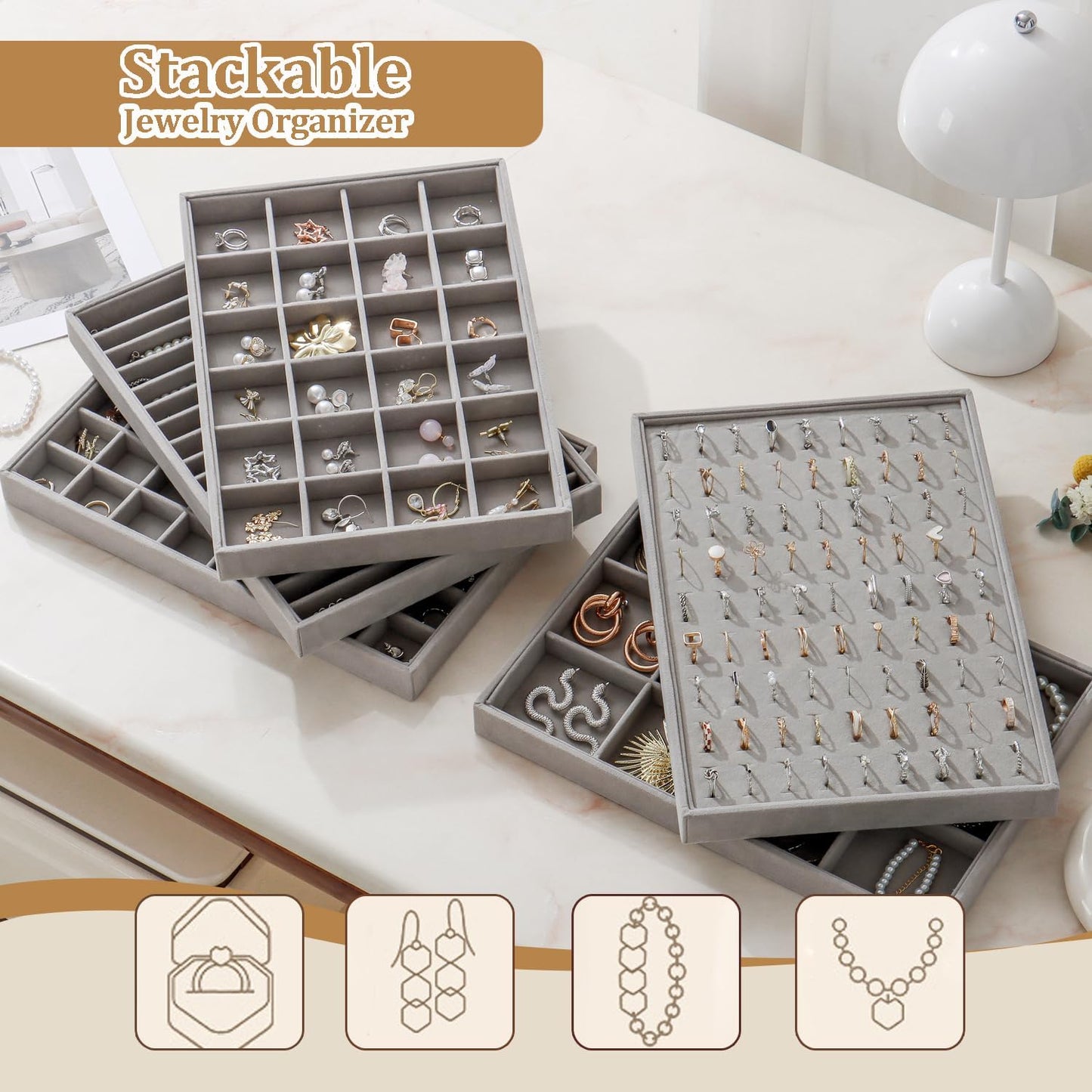 Large Velvet Jewelry Tray 2 Pack Stackable Jewelry Display Drawer Inserts Trays Organizer for Earring Bracelet Necklace Ring (Gray, 24 Grids)