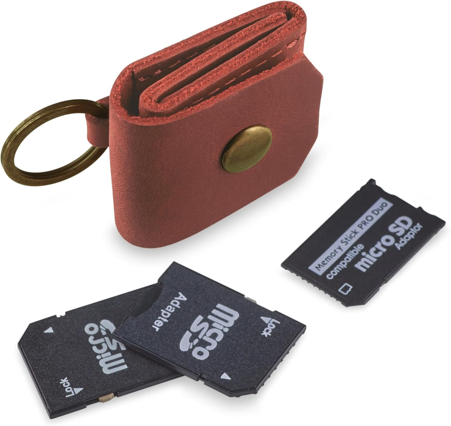 Leather SD Card Holder Keychain, SD Card Case Key Fob, Micro SD Card Holder Organizer, SD Card Storage Case, Memory Card Case Cover, Travel Memory Card Case (Cognac)