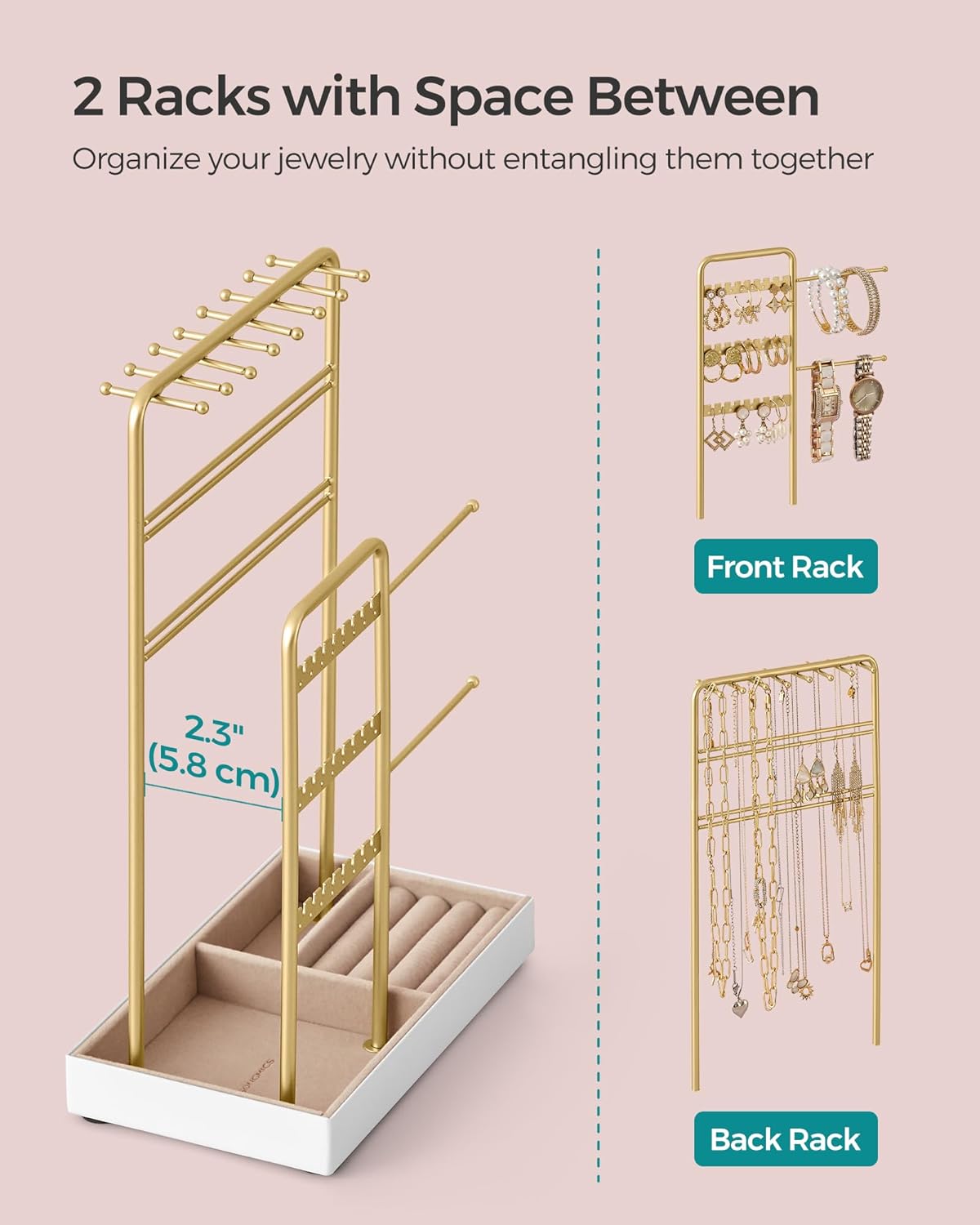 SONGMICS Jewelry Holder, Jewelry Organizer, Jewelry Display Stand with Metal Frame, Velvet Tray, Necklace Earring Bracelet Holder, for Studs, Rings, Christmas Gift, Pale Gold UJJS021A01