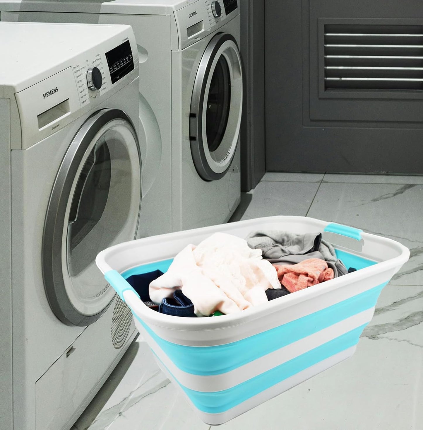 SAMMART 42L Collapsible Plastic Laundry Basket - Foldable Pop Up Storage Container/Organizer - Portable Washing Tub - Space Saving Hamper/Basket (Grey/Cyanine, 1)