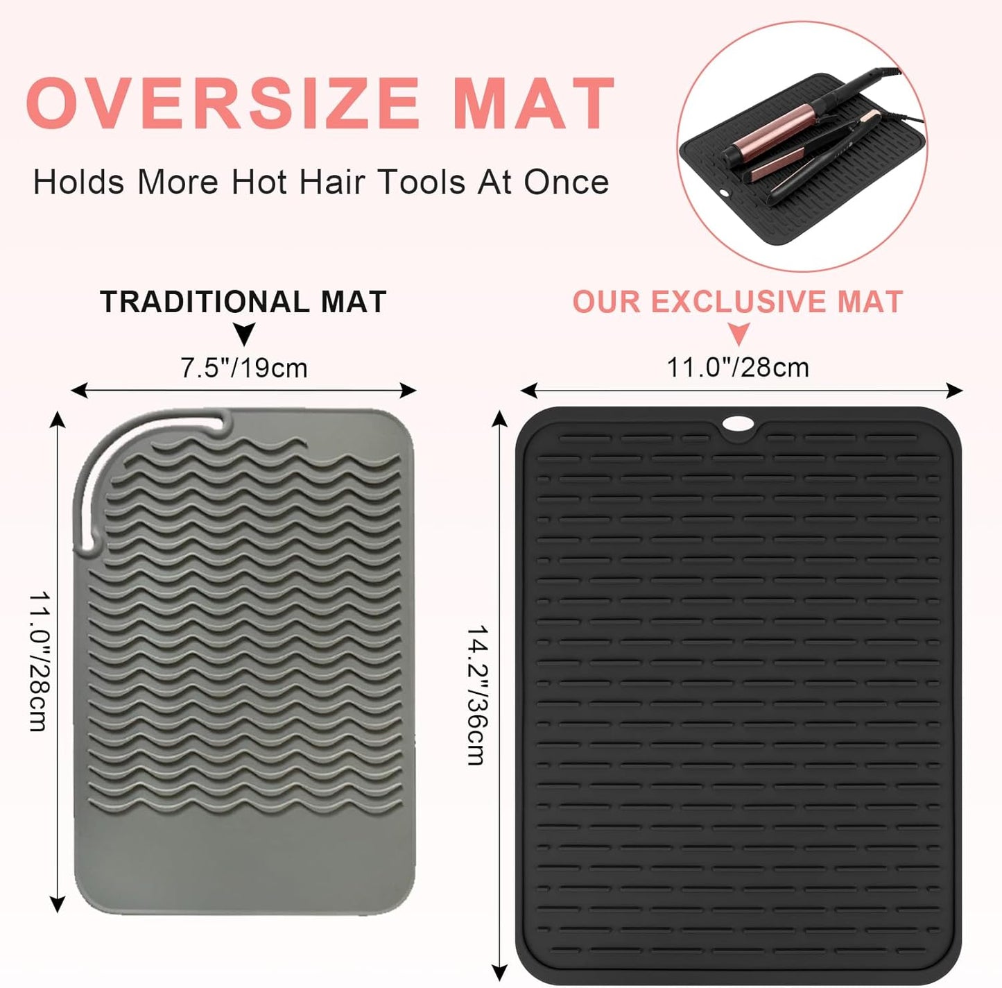 Oversize Silicone Heat Resistant Mat for Curling Irons, Flat Irons, Hair Straighteners and Hot Hair Styling Tools, Portable Hot Tools Sleeve Pad for Travel Vanity Salon(14.2" x 11.0")