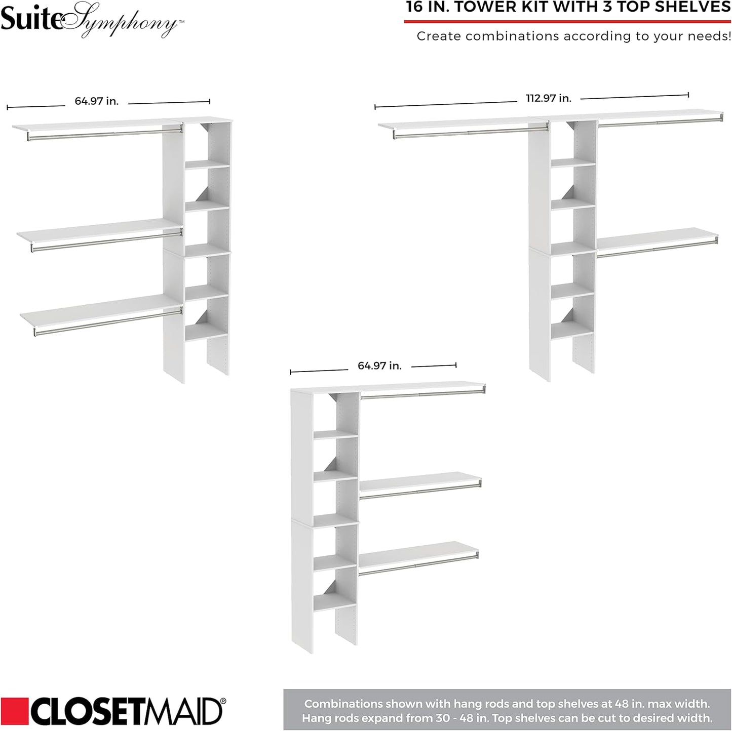 ClosetMaid SuiteSymphony Wood Closet Organizer Kit with Tower, 3 Hang Rods, Top Shelves, 2 Drawers, Adjustable, Fits Spaces 5-9 ft. Wide, Graphite Grey