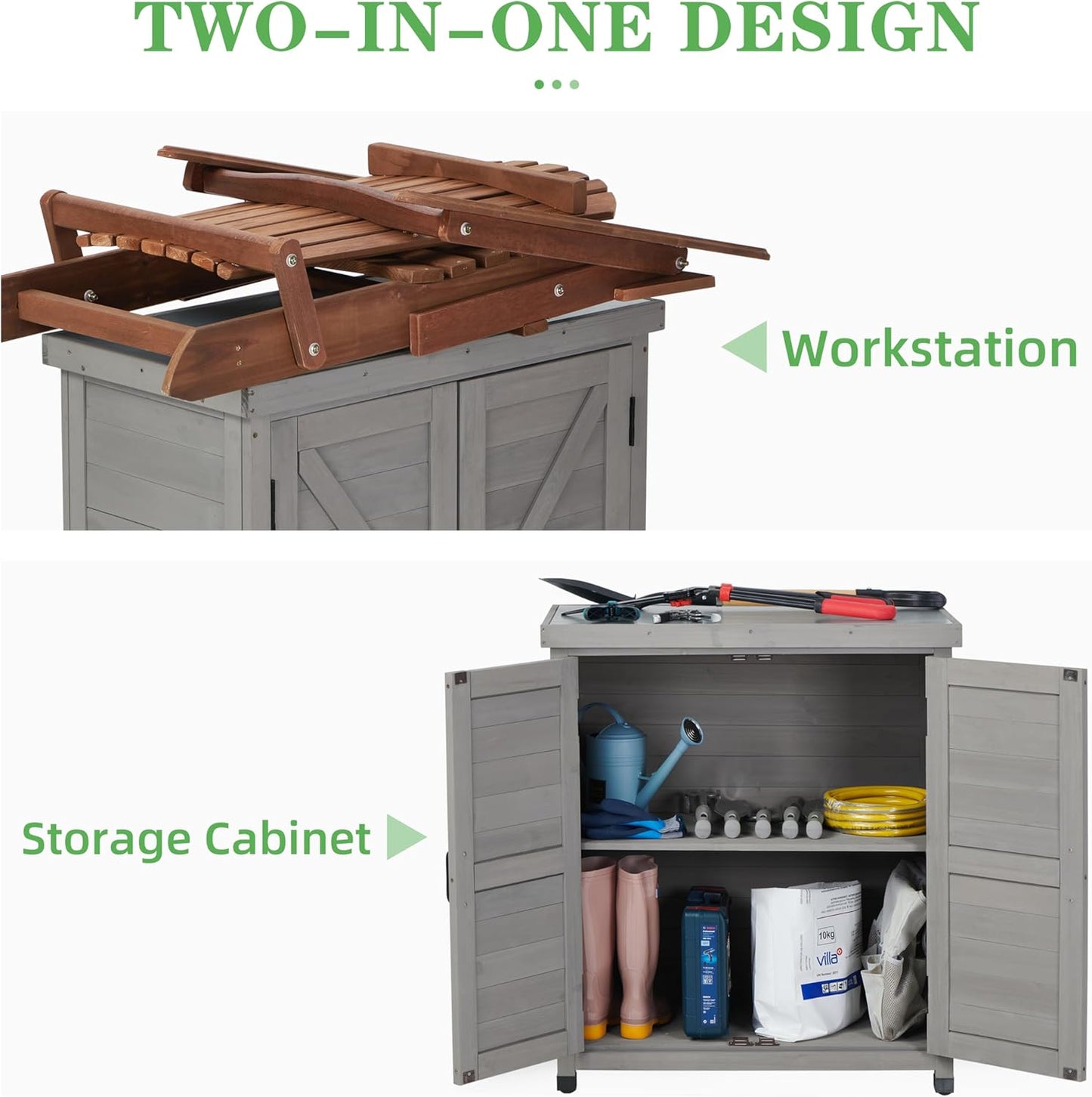 Outdoor Potting Bench with Storage Cabinet and Metal Top, Wood Workstation for Outdoor Patio, Garden (Dark Grey, 31x17x36‘’)
