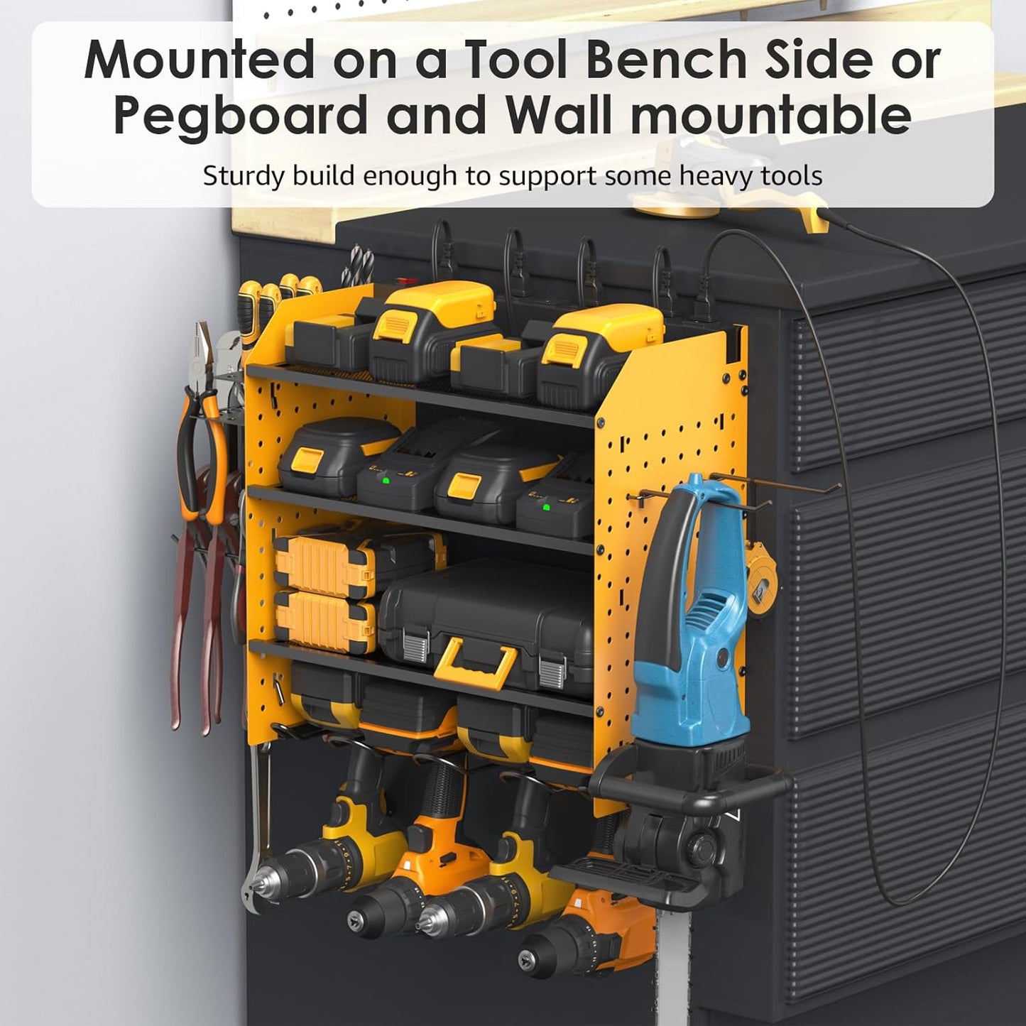 CCCEI Modular Pegboard Rack Power Tool Organizer with Charging Station. 4 Layer Wall Mount Drill Holder, Yellow Tool Battery Charger Organizer. Garage Shop Storage Utility Shelf with Power Strip.