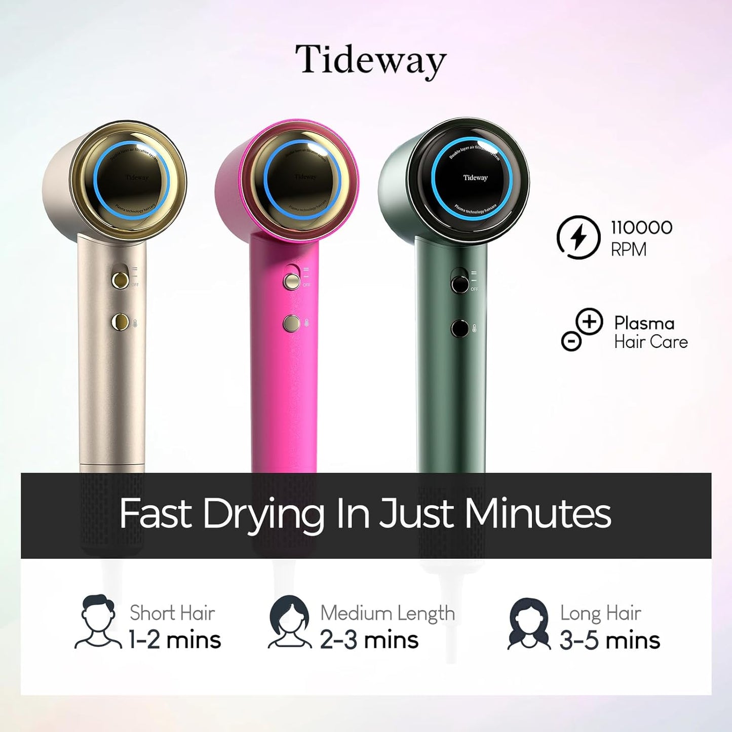 Tideway Hair Dryer, Blow Dryer with Diffuser High-Speed Plasma Ionic Low Noise for Fast Drying, Travel Hair Dryer for Women and Man, Curly/Wavy & Long/Thick Color-Treated Hair H11