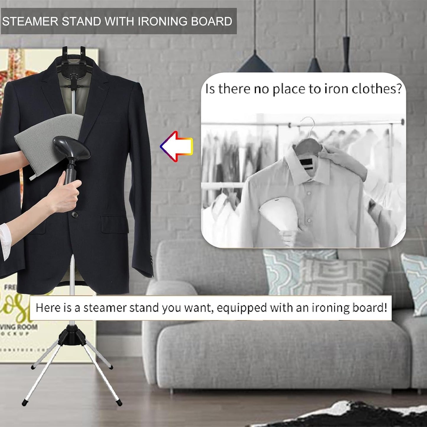 Garment Steamer Hanger Stand & Ironing Glove for Clothes, Adjustable Steamer Stand for Clothes Hanger & Mini Grey Ironing Board Portable Handheld Steamer Ironing Accessories for Clothes