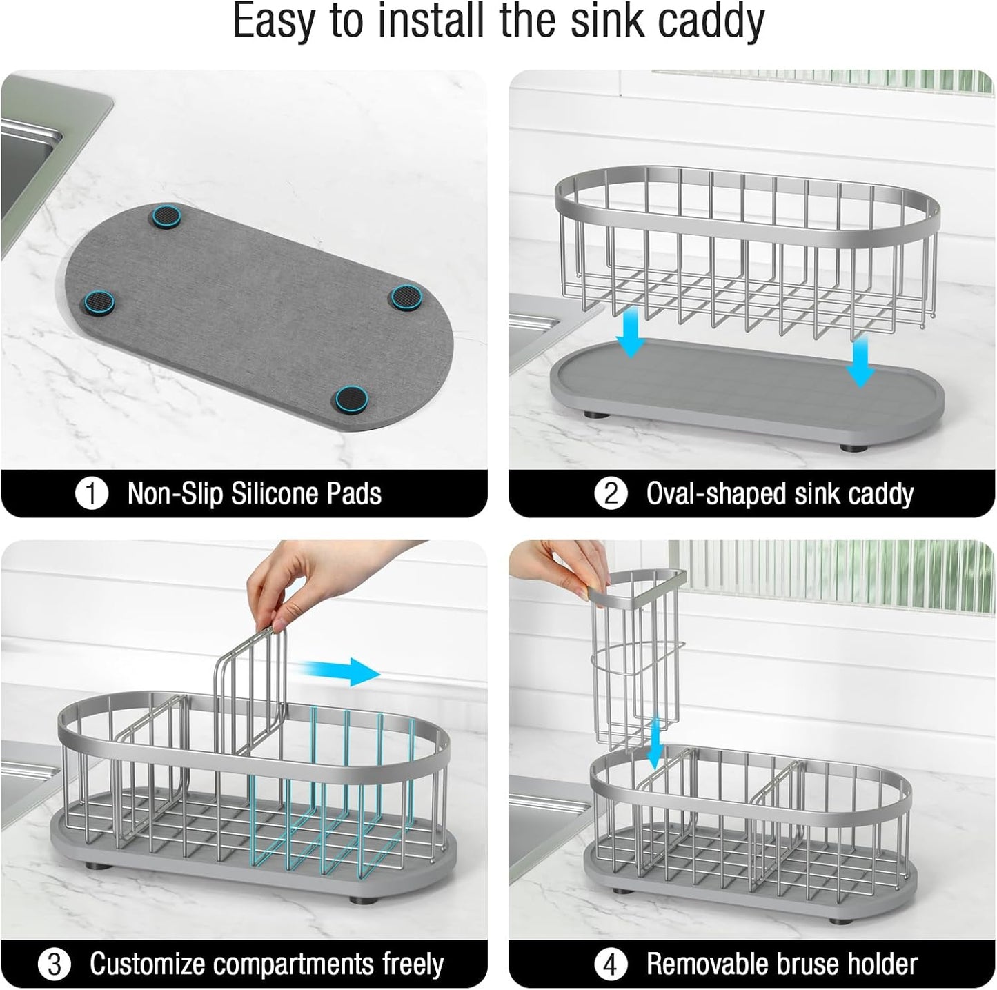 Kitchen Sink Organizer with Sponge Holder & Brush Holder - Drain-Free Non-Slip Base, 2.6mm Stainless Steel with Silver Rust-Resistant Coating - Easy Install & Clean Kitchen Sink Caddy