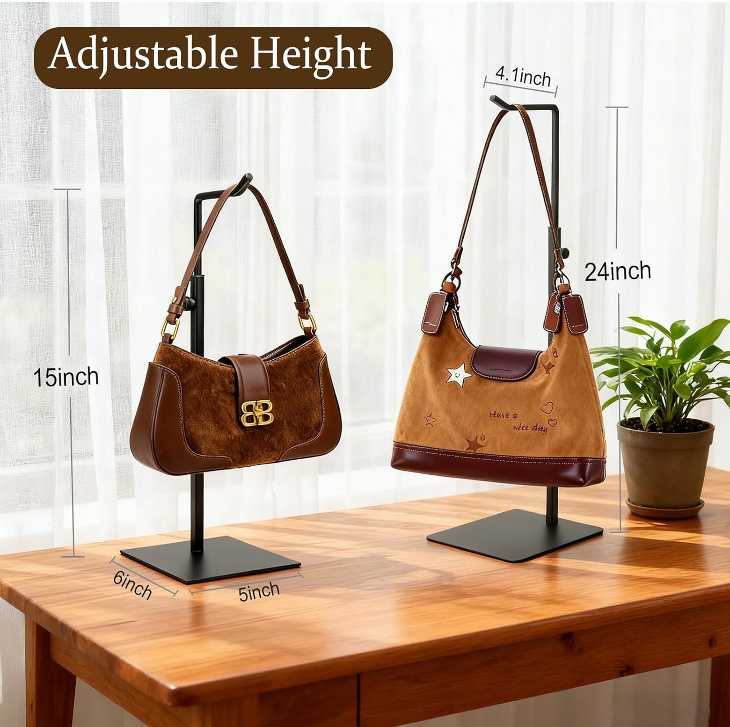 Purse Stand Holder, Adjustable Height Purse Stand for Display, Freestanding Handbag & Purse & Wreath Holder with Non-Slip Base, No Drill Needed for Tabletop, Desk, Closet,Retail