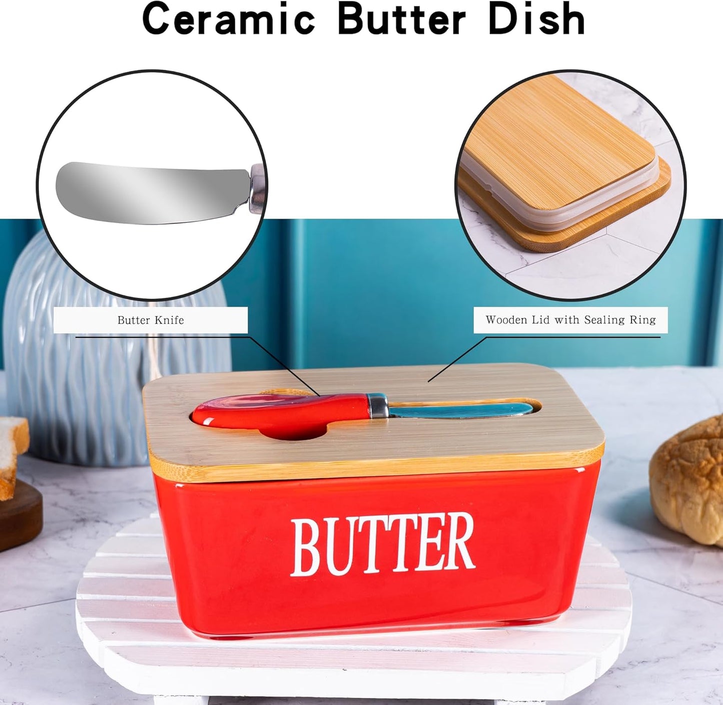 Red Butter Dish with Lid for Countertop, Large Ceramic Covered Butter Stick Holder Container for Fridge