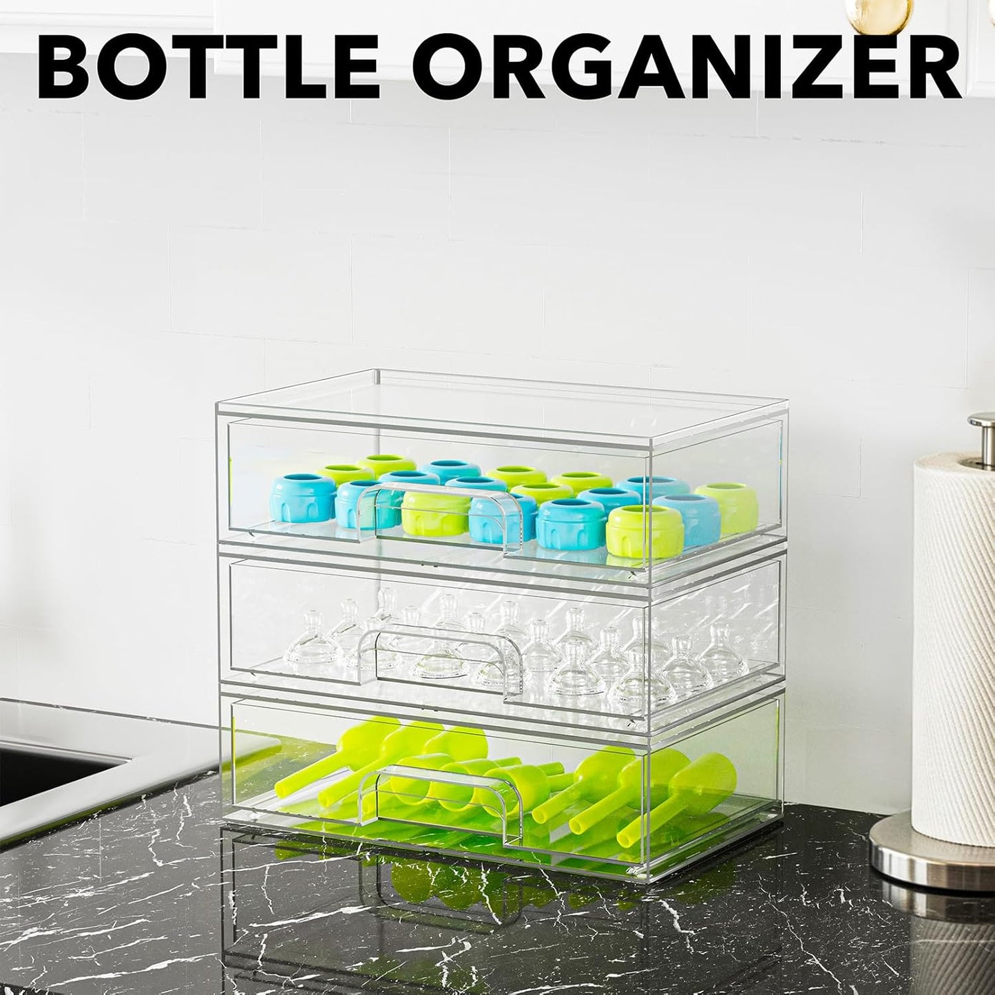 SpaceAid Bottle Storage Organizer Baby - Acrylic Bottles Station Organizer Container, Stackable Clear Drawers for Countertop, Vanity, Bathroom, Cabinet, Pantry Organization, 3 Pack, 3L, 10.3"H
