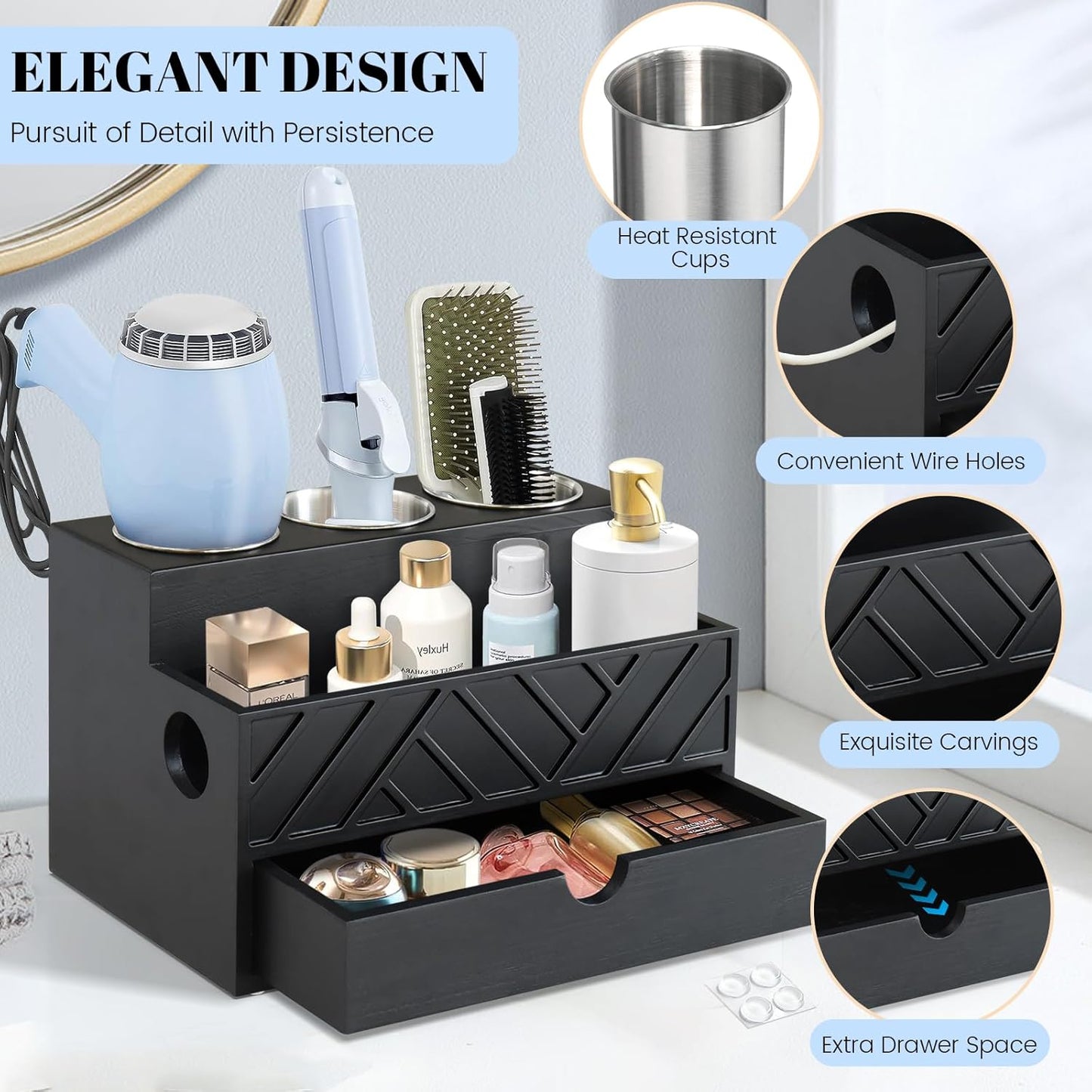 Hair Tool Organizer, Hair Dryer Holder with Drawer, Bathroom Countertop Organizer for Bathroom Accessories, Blow Dryer Organizer for Hair Styling Tools, Vanity Organizer for Bathroom, Vanity, Kitchen