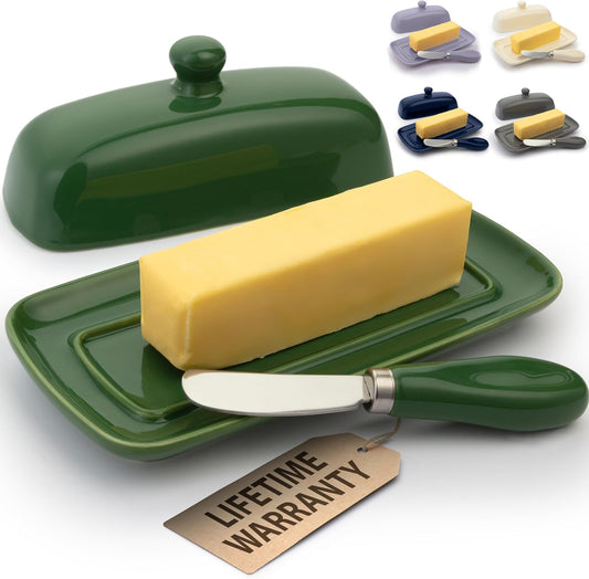 Zulay Butter Dish With Lid For Countertop - Porcelain White, Ceramic Butter Dish with Knob Handle Great for Cooking - Elegant Design Butter Holder - Durable & Sturdy Butter Keeper - Jade