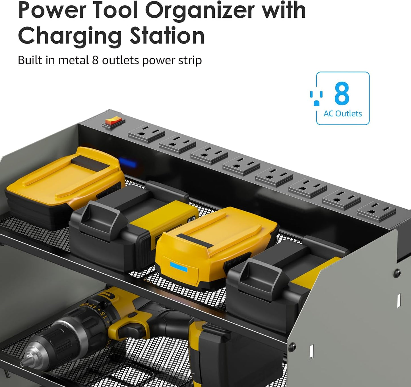 CCCEI Modular Power Tool Organizer Wall Mount with Charging Station. Garage Drill Storage Shelf with Hooks, Heavy Duty Rack, Tool Battery Holder Built in 8 Outlet. Gift for Men. Grey, 2 Pack.