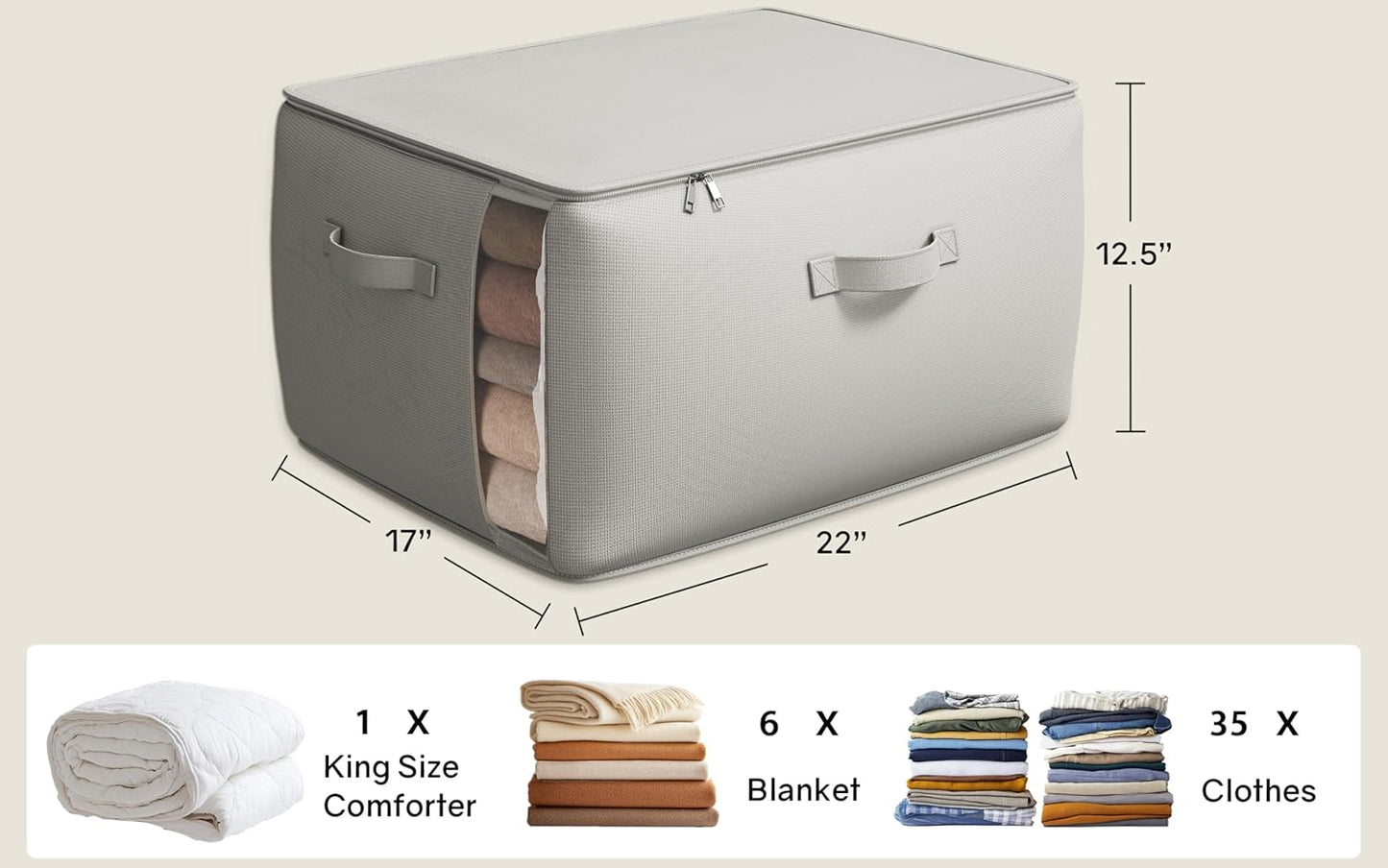 Large Canvas Comforter Storage Bags for Clothes Sweater Clothes Organizer with Dual Zipper Three Carrying Handles for Blanket Closet Storage Container, 3 Pack, Grey