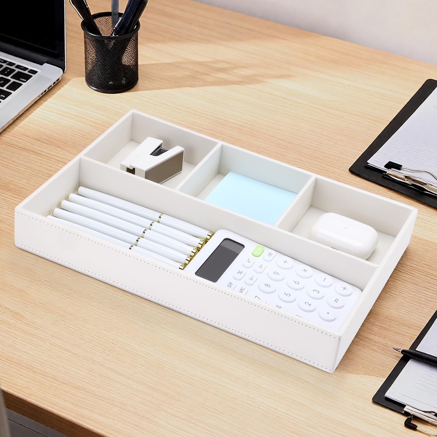 KINGFOM PU Leather Desk Drawer Organizer, 4 Compartment Office Supplies Stationery Storage Tray, Desk Organizers and Accessories Drawer Organizer Tray for Home, Makeup, Jewelry Stackable White