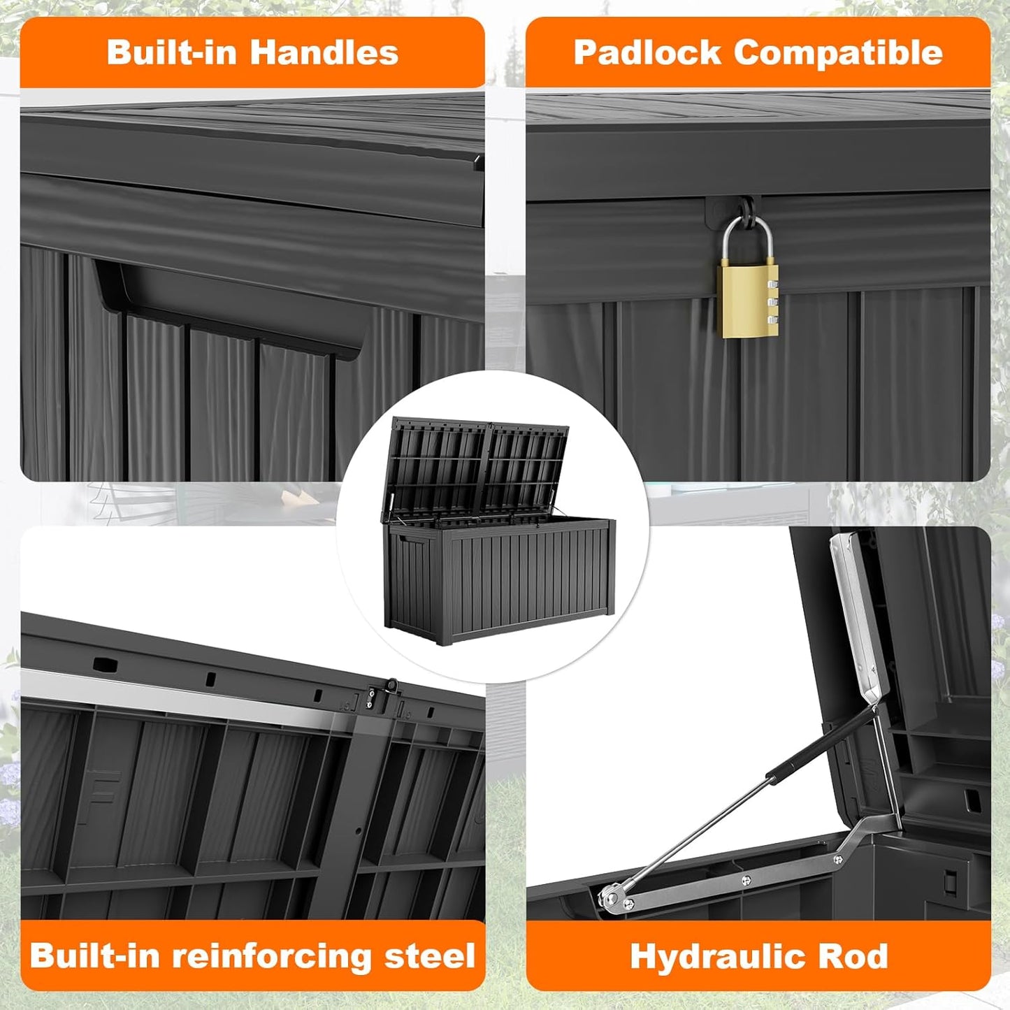 200 Gallon Resin Deck Box, Lockable Patio Outdoor Storage Box for Furniture, Garden Tools and Tools Storage, Waterproof Outside Storage Boxes - Black