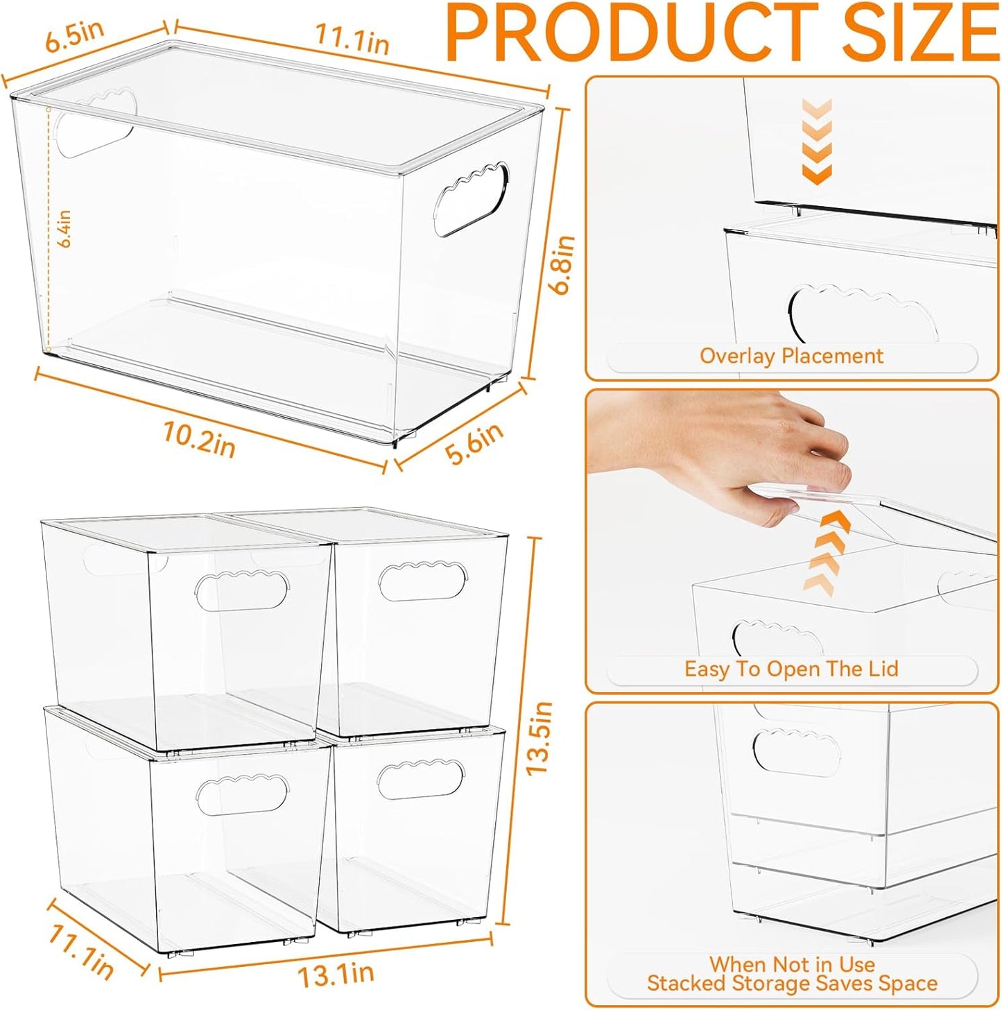 Yieach 4 Pack Stackable Clear Organizer Bins With Lids & Handle,11.1″ Deep Plastic Hall Closet Storage Bins for Pantry,Refrigerator and Cabinets,Acrylic Container for Organizing Toy,Snacks Organizer