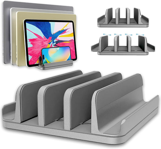 Vertical Laptop Stand Holder 5 Slots, Aluminum Space-Saving Laptop Holder, Adjustable Size Dock Tabletop Desk Organizer 3 Slot + 2 for Apple MacBook/Surface/PC/Tablet/iPad/iPhone (Space Gray)