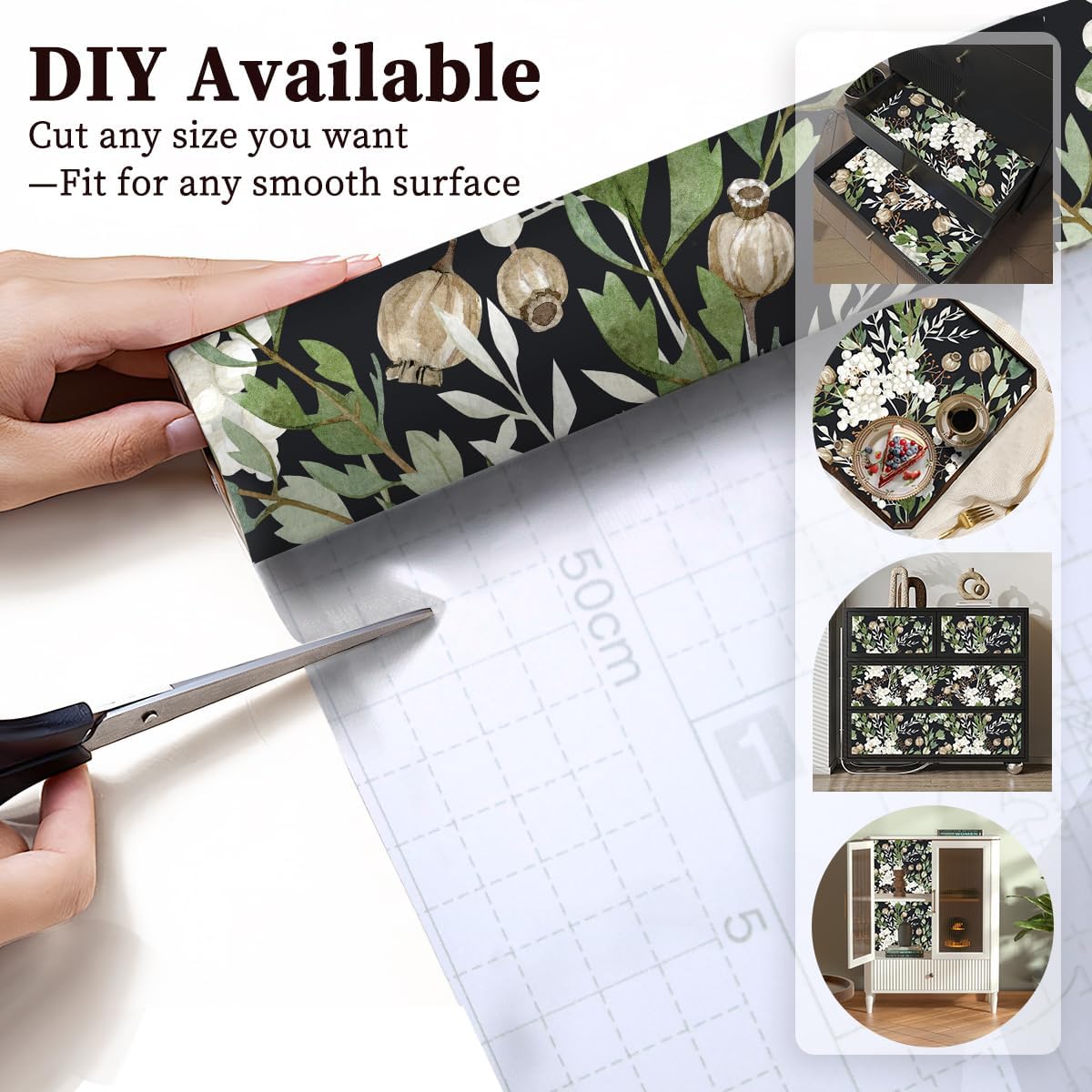 Floralplus Shelf Liner for Cabinet Kitchen, Self Adhesive Cabinet Drawer Liner, Floral Contact Paper for Kitchen, Waterproof Pantry Countertop Refrigerator Liners 17.7 x 78.7 in
