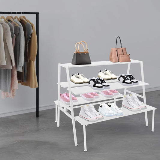 Nesting Tables for Retail Display, 3 Tier Metal Shoe Handbag Display Stand, Modern Retail Display Tables for Boutiques, Floor Standing Double Side Display Riser Shelf for Clothing Stores (White)
