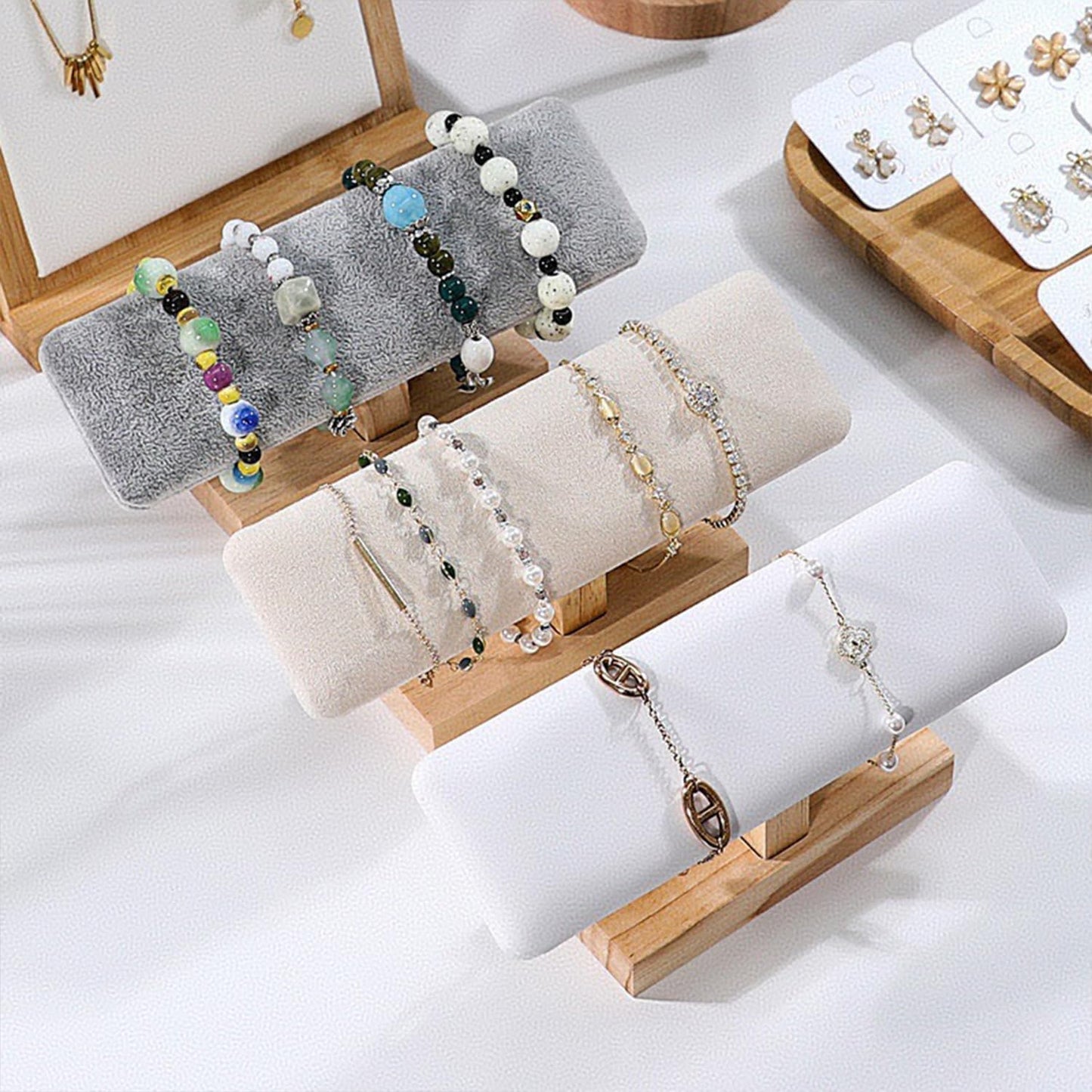 Wooden Watches Display Stands Base Watch Necklace Bracelet Organizer Rack Bangle Scrunchie Headband Showcase Stands Exterior Beige PU