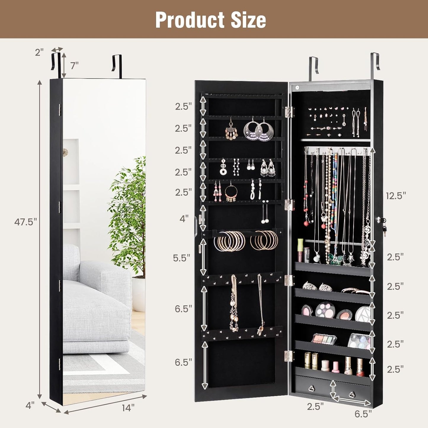 HAPPYGRILL Over the Door Jewelry Organizer, Hanging Jewelry Storage Cabinet w/Full-Length, Inner Makeup Mirror, Earring Shelves, Ring Slots, 25 Necklace Hooks, Wall Mounted Jewelry Armoire for Women
