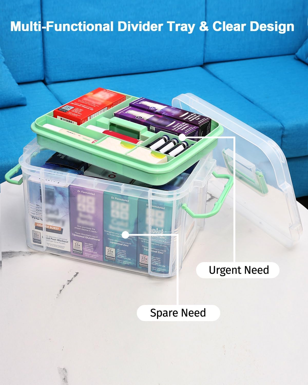 Medicine Organizer Storage Box with Pill Splitter,2 Pack Clear Portable Medicine Cabinet Organizer,Multipurpose Medicine Box with Lids,Trays,Labels,Handle,Empty First Aid Kit for Home,Travel