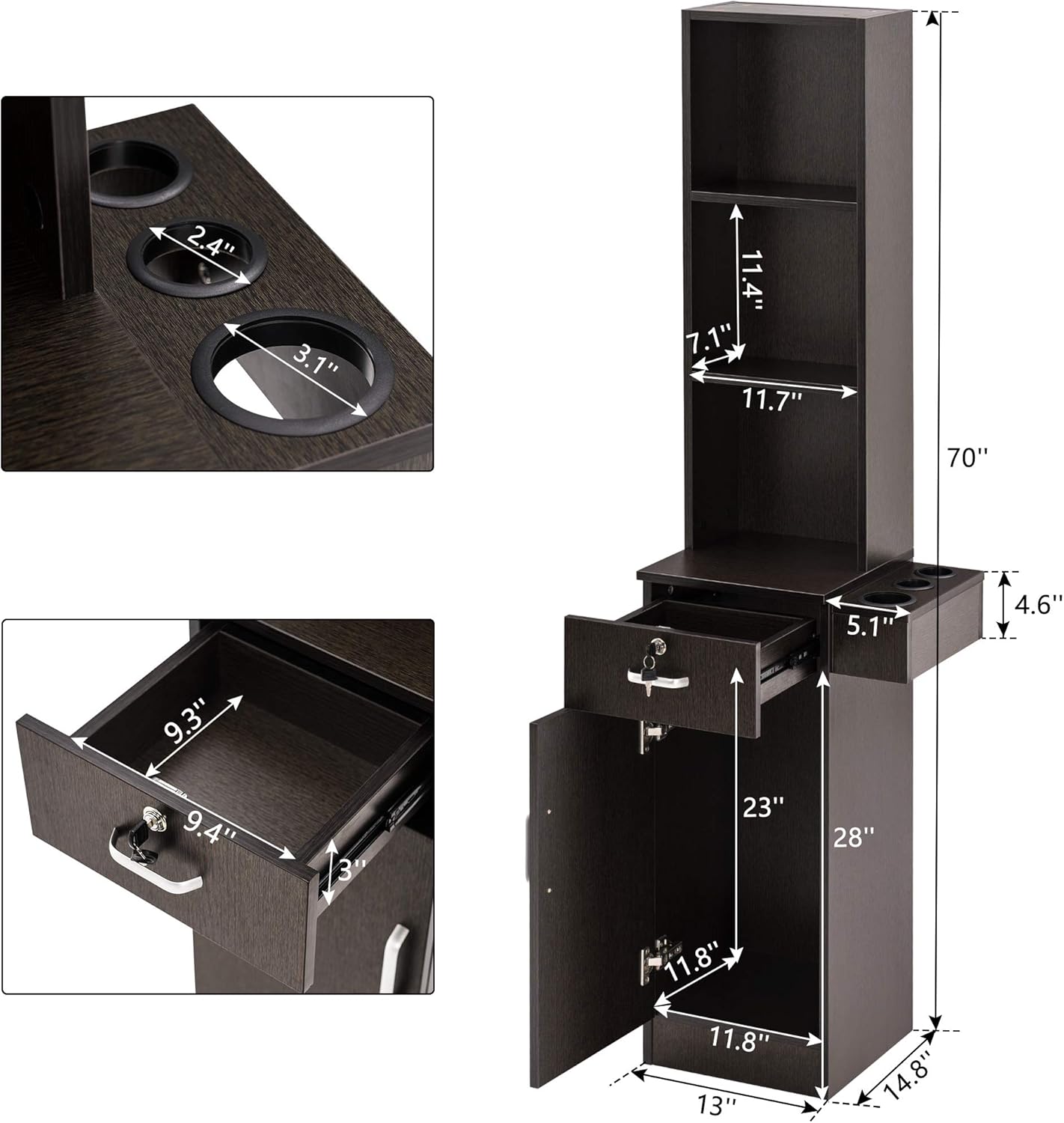 BarberPub Wall Mount Barber Station Hair Styling Drawer Storage Beauty Salon Spa Shop Equipment 3208 (Ebony)