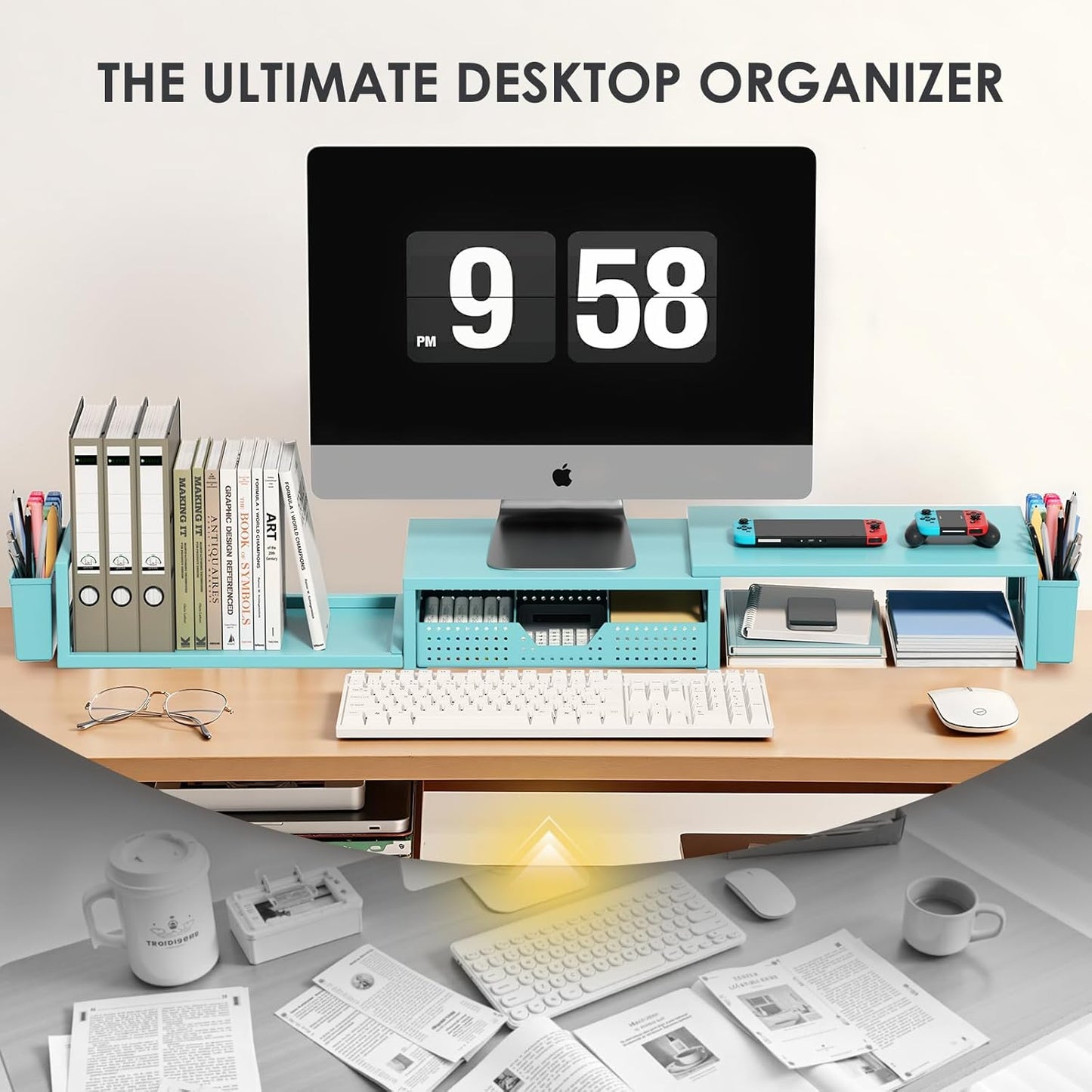 OPNICE Desk Organizers and Accessories, Dual Monitor Stand Riser with Drawer and 2 Pen Holders, Desk Shelf Metal Computer Monitor Stand for Office Workspace Organizers, Desktop Organization (Blue)