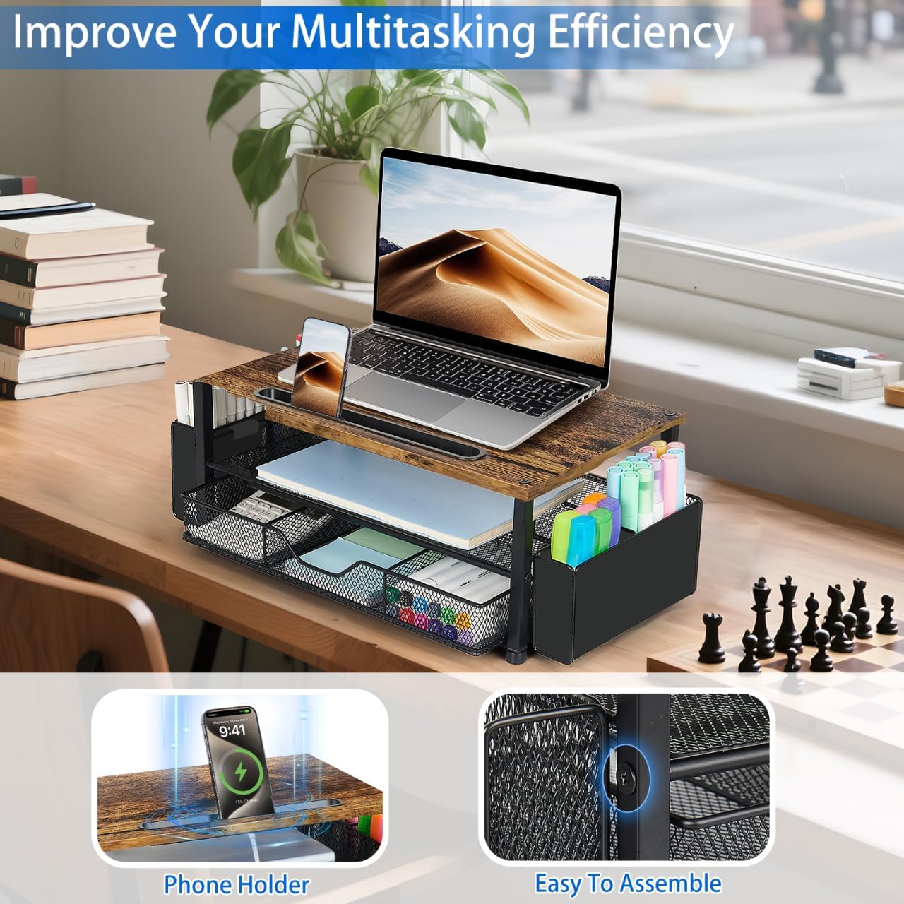 AUPSEN Wood Desk Organizers and Accessories, 2-Tier Computer Monitor Stand Riser with Drawer, Pen Storage & Phone Holder, Office Desk Accessories, Workspace Desktop Organization for Office Supplies（Brown）