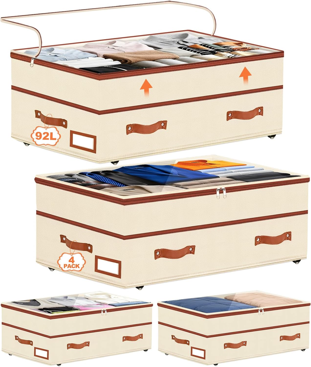 Dolicer 4 Pack Under Bed Storage with Wheels, 6in-10in Height Adjustable Underbed Storage Containers, 92L XXXL Under Bed Drawers Rolling Bin with Clear Lids for Dorm Shoes Clothes Organizers(Beige)