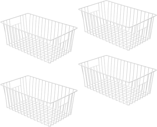 Freezer Basket Organizer, Refrigerator Metal Wire Storage Divider, Household Container Bins with Handles for Kitchen, Pantry, Cabinet, Closets - Pearl White (4, 16in x 9in x 7in)