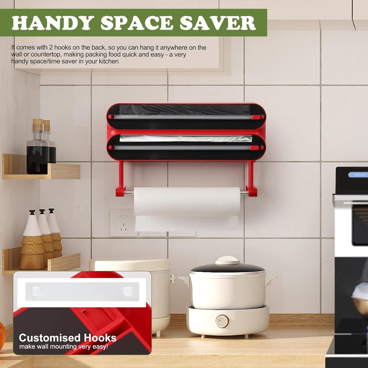 Aluminum Foil & Plastic Wrap Dispenser with Cutter - Magnetic & No-Drill Wall Mount, Cling Film Dispenser with Paper Towel Holder, Space-Saving 3-in-1 Kitchen Organizer - Fits 12" Roll, Red