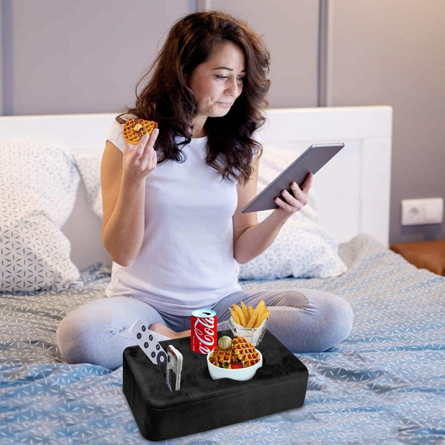 Couch Bed Cup Holder Pillow, Nisdoing 5 Hole Couch Drink Holder! Keep Drinks Hand Side and KeepTemp, Prevent Spills and Use Anywhere.Cup Holder for Couch, Bed,Camping,RV,Car,Beach.Black