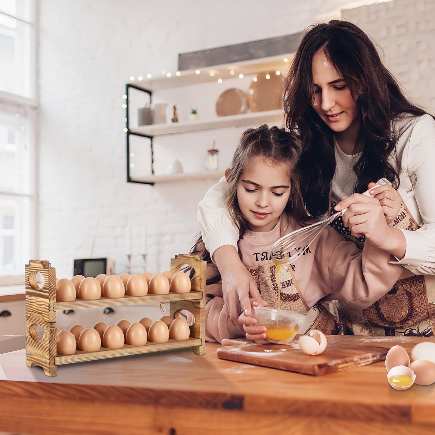 Wooden Egg Holder Countertop, Stackable Wooden Egg Storage & Organizer, 2-Tier /24-Hole Farmhouse Eggs Rack Wood with Handle for Fresh Eggs to Store Chicken/Duck/Quail/Turkey/Easter Egg