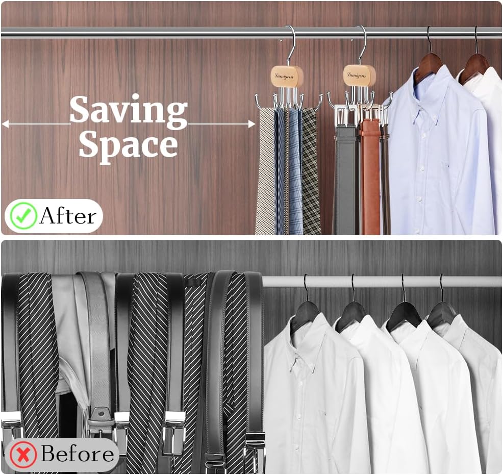Belt Hanger, Belt Organizer for Closet,Rotatable Tie Rack,Belt Holder,Hanging Closet Organizer Hook for Belt, Bra, Tank Top, Tie, Scarf, Purse,3PCS,Natural
