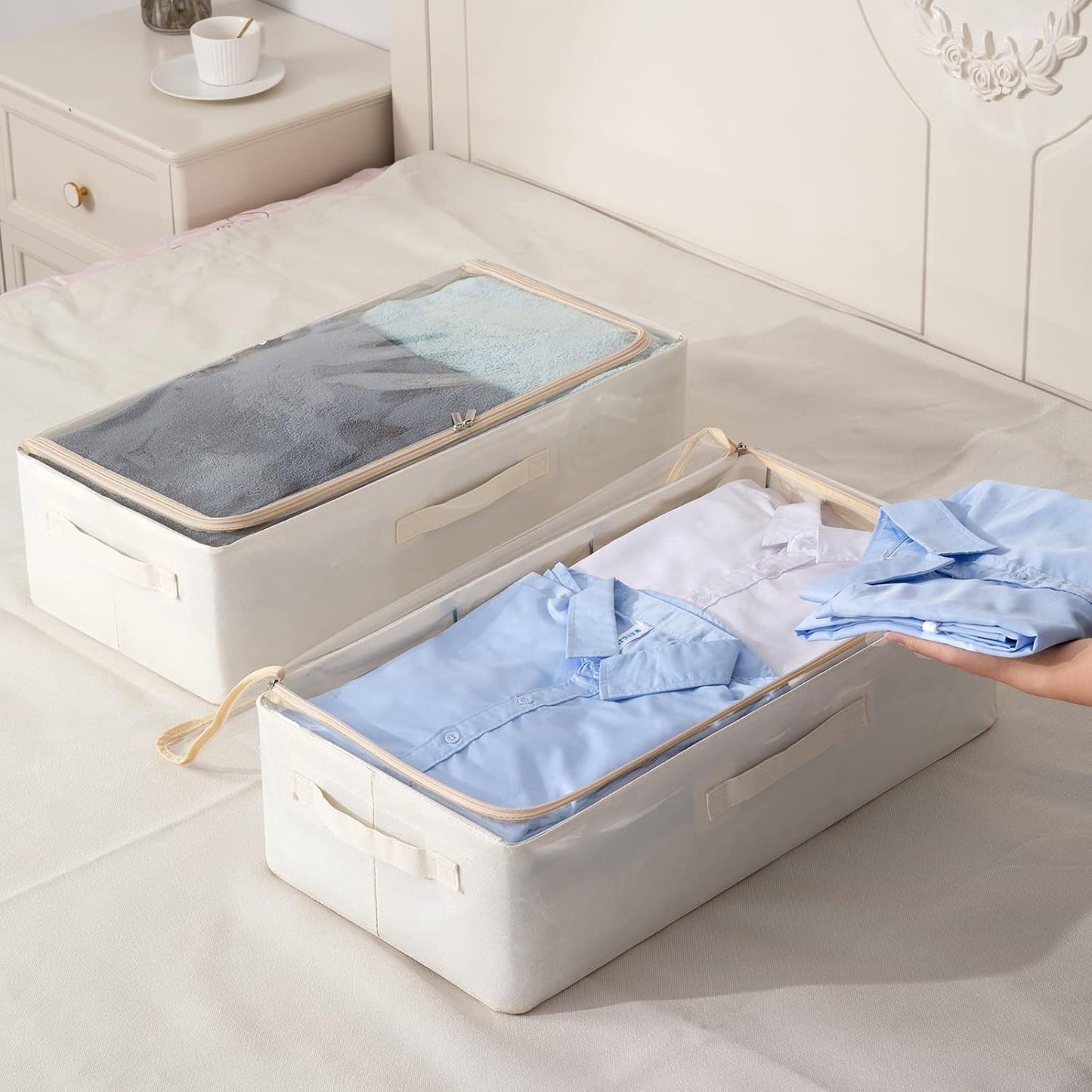 Under Bed Storage Bins Frame Storage Box Oxford Fabric Sturdy Underbed Container Foldable Stackable Large Capacity Clothes Organizer