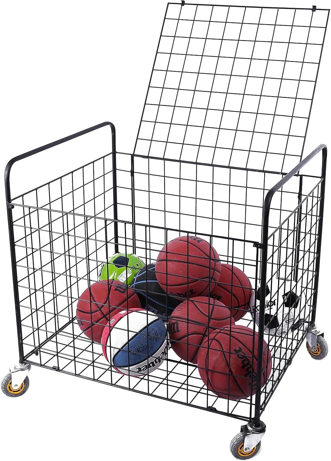 MyGift Professional Gym Metal Multi Sports Ball Storage Cart with Jumbo Industrial Wheels, Commercial Grade Portable Equipment Locker Cage for Basketball, Football, Soccer, Volleyball