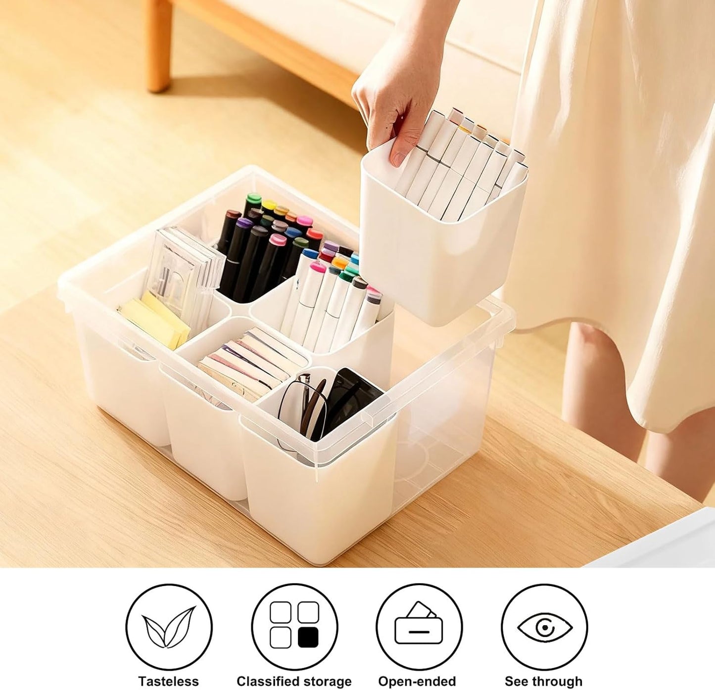loobuu Plastic Storage Bins with Lids, Art Craft Supply Organizer Box with Brush Pot, Multipurpose Stackable Storage Containers for Organizing Tool, Craft, Crayon,Sewing(White)