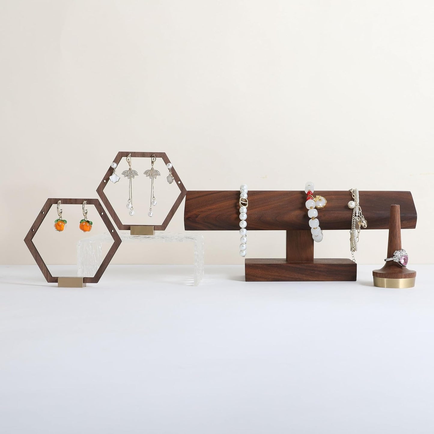 GemeShou 3pcs Wooden stud earring organizer holder, walnut earring hangers with brass base, Small Cute earring display for selling with 9 holes for each【Hexagon frame-3pcs】