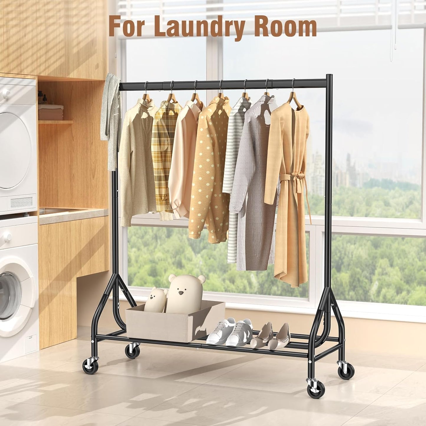 EAGMAK Heavy Duty Clothes Rack Load 420 LBS, 47.2" Long Rolling Garment Rack with Lockable Wheels, Standing Metal Clothing Hanger, Portable Wardrobe Sturdy Coat Organizer for Hanging Clothes (Black)