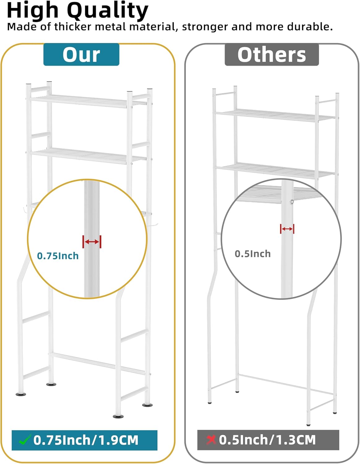 3-Tier Over The Toilet Storage, Freestanding Metal Bathroom Shelves with 4 Hooks, Over Toilet Storage Shelf with Paper Holder, Above The Toilet Shelf for Bathroom Storage, White