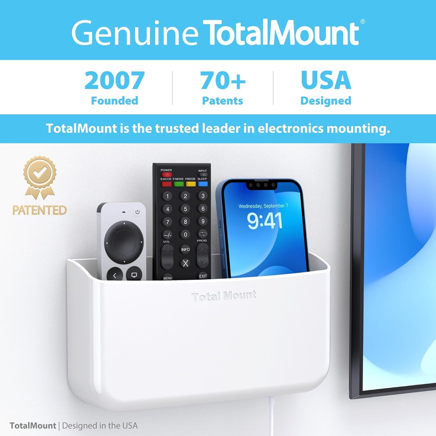 TotalMount Hole-Free Remote Holder – Eliminates Need to Drill Holes in Your Wall (Premium White Holder for 3 or 4 Remotes)