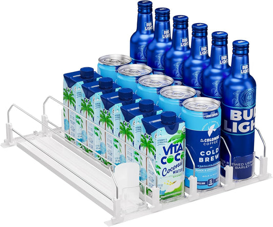 Puricon Drink Organizer for Fridge - Spring Loaded Pusher Glide, Self Pushing Soda Can Dispenser, Beer Bottle Beverage Holder for Refrigerator - 4 Rows, White