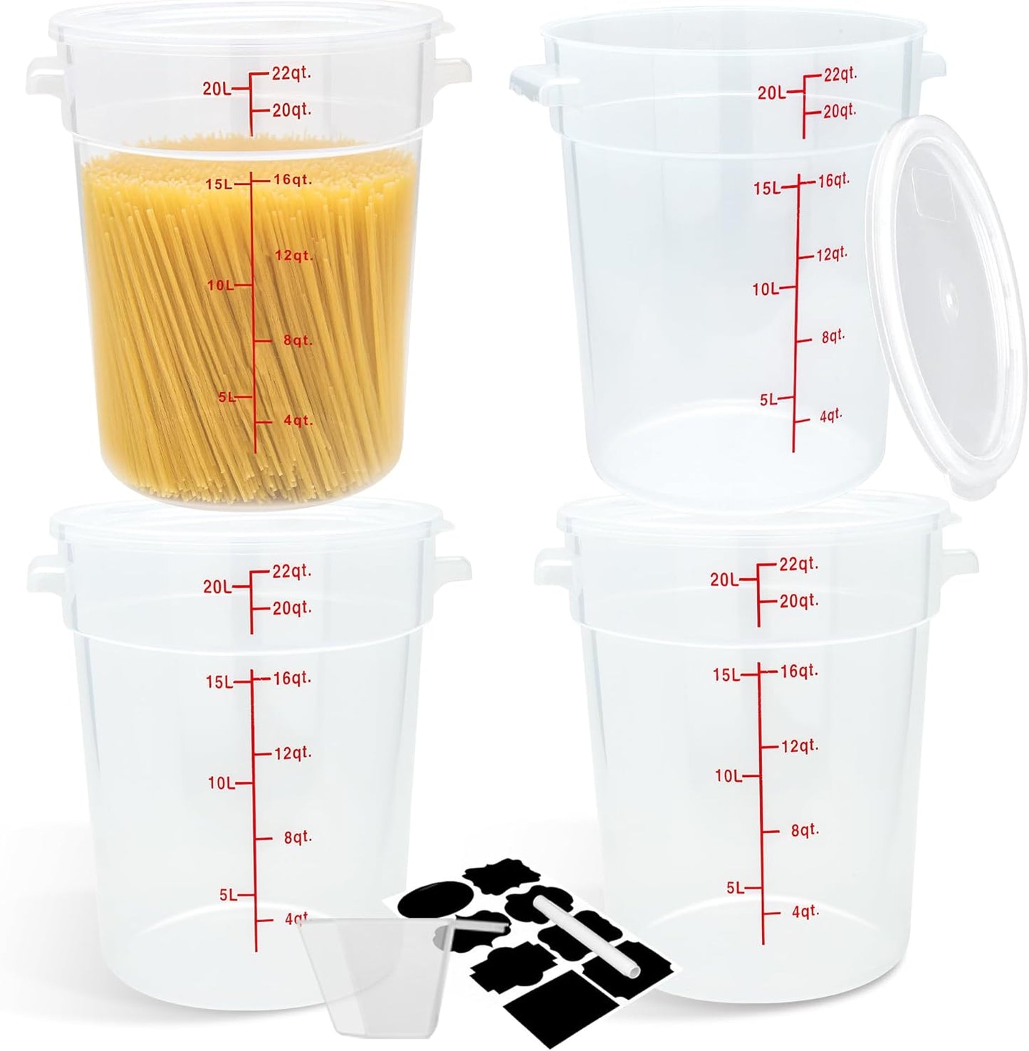 4 Pack Round Food Storage Containers with Lids, 22Qt Large Translucent Food Container, Polypropylene, BPA Free, Includes Labels & Measuring Cups