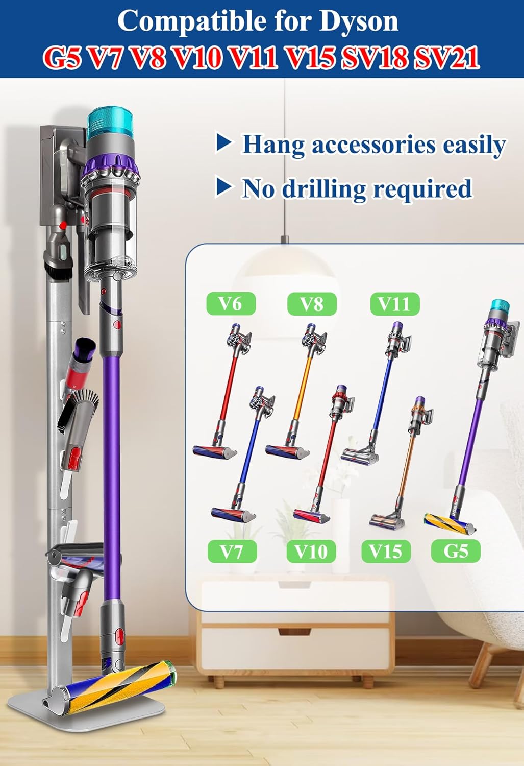 Haturi Vacuum Stand, Dyson Vacuum Holder and Metal Storage Bracket, Standing dock for Dyson G5 V15 V12 V11 V10 V8 V7 V6, Hidden Power Cord Design for Dyson Handheld Cordless Vacuum Cleaners