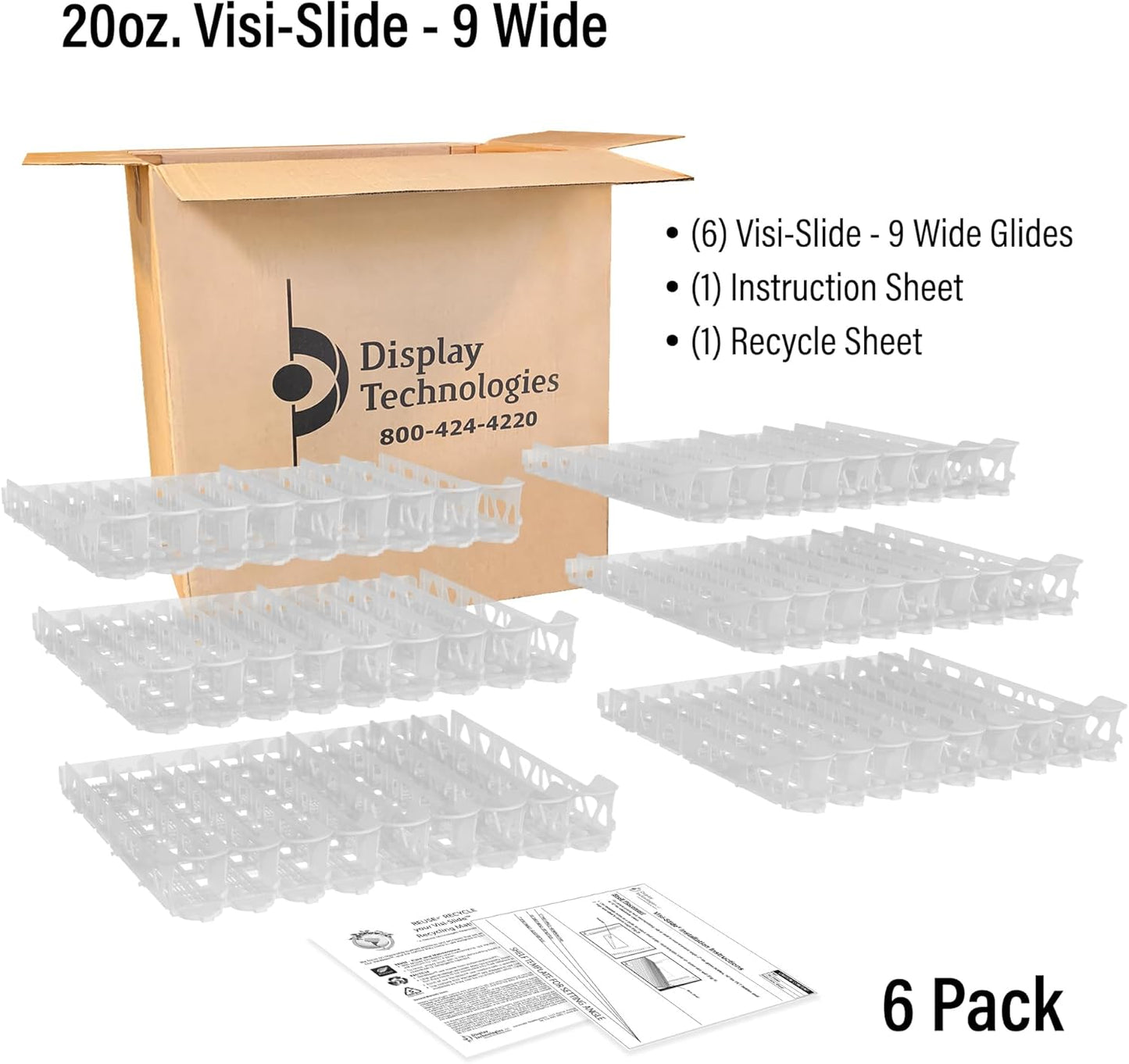 Visi-Slide 20oz Soda Beverage Dispenser - Gravity Fed Glide for Angled Shelves for Coolers, Commercial Refrigerators, Cold Vaults (Pack of 6) Drink Organizer for Cans, Bottles and More