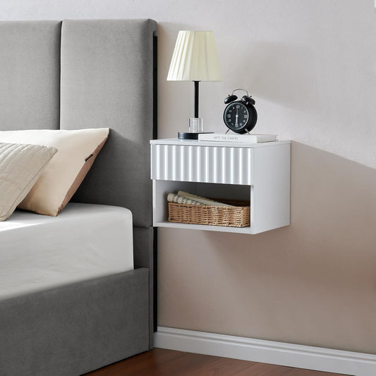 Floating Nightstand with Fluted Drawer - Modern Wall Mounted Bedside Table with Open Storage Shelf, Small Night Stand TV Stand for Bedroom(Matte White)