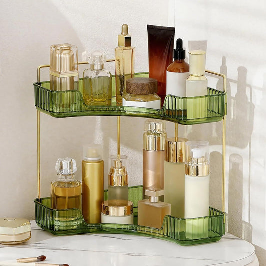 Corner Bathroom Countertop Organizer, Vanity Trays for Counter, Makeup Organizers, Perfume Tray, Kitchen Spice Rack, (Green, 2 Tiers)